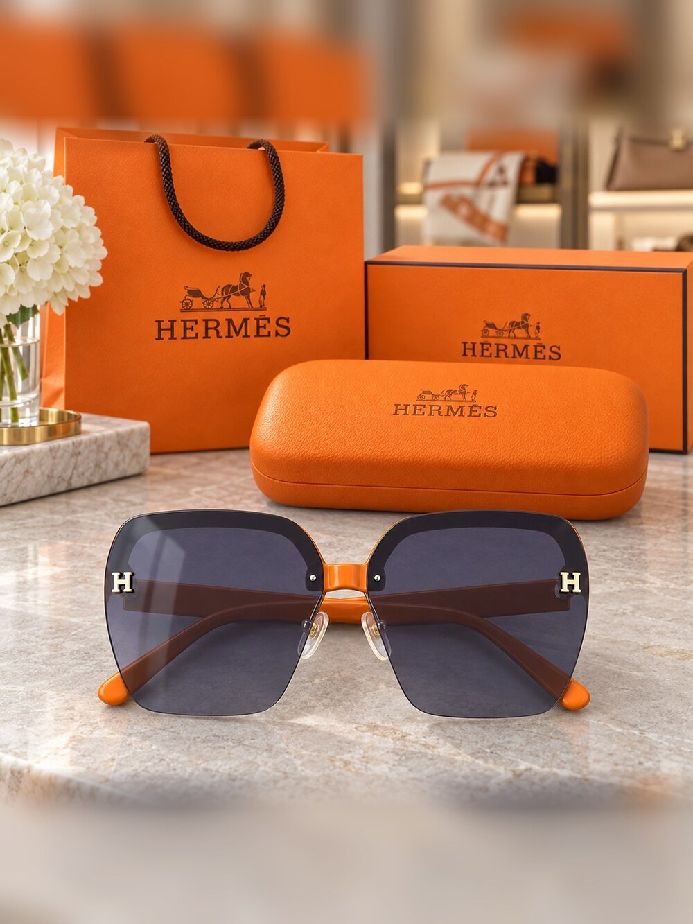 Hermes Orange H Square Sunglasses - Picture 6 of 6